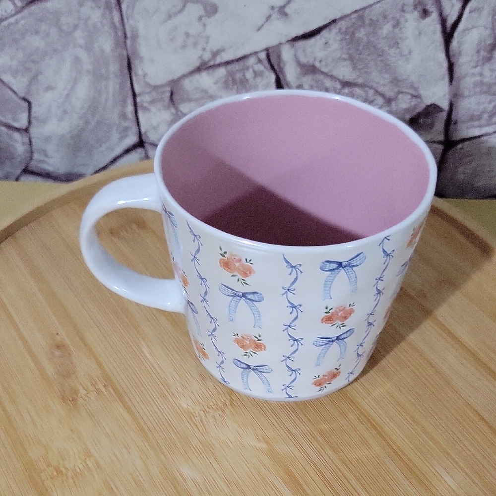 Blue Bow Mug With Pink Floral Design Mug.